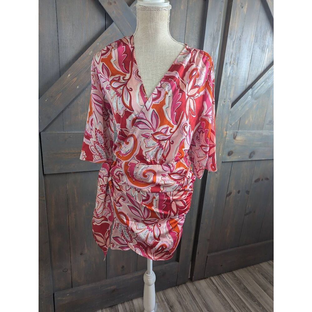Zara Mini Dress Wrap Women's Medium Pink Red 3/4 Sleeve V Neck